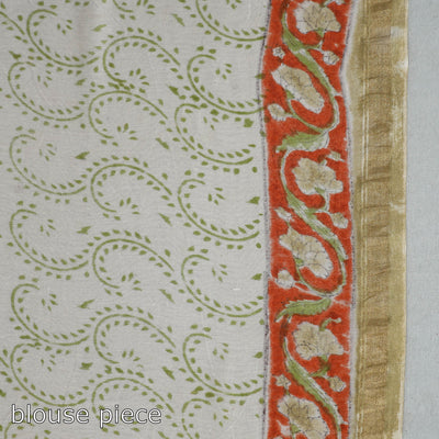 Beige - Block Printed Chanderi Silk Sanganeri Saree