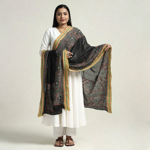 Black - Bolpur Kantha Embroidery Cotton Handloom Dupatta with Tassels