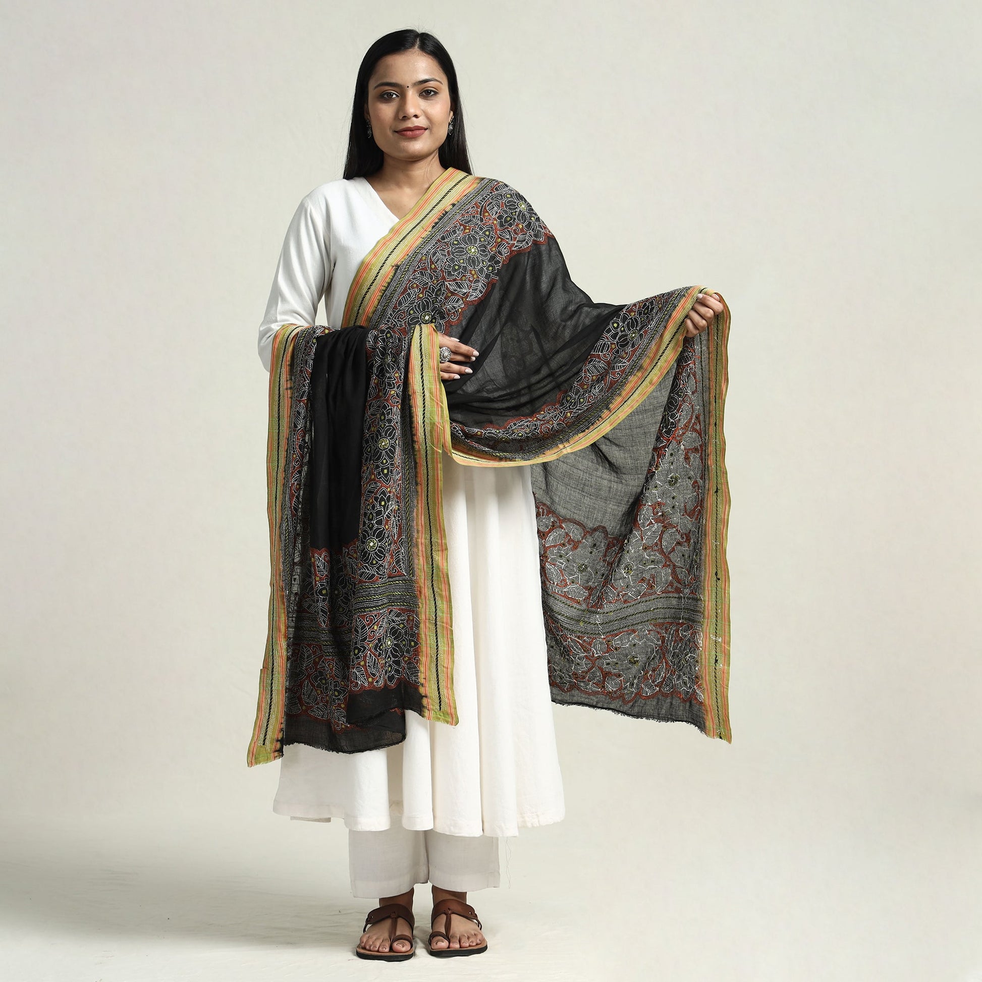 Black - Bolpur Kantha Embroidery Cotton Handloom Dupatta with Tassels