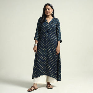 Blue - Ajrakh Block Printed Modal Silk Kurta with Palazzo Set