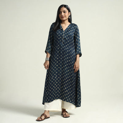 Blue - Ajrakh Block Printed Modal Silk Kurta with Palazzo Set