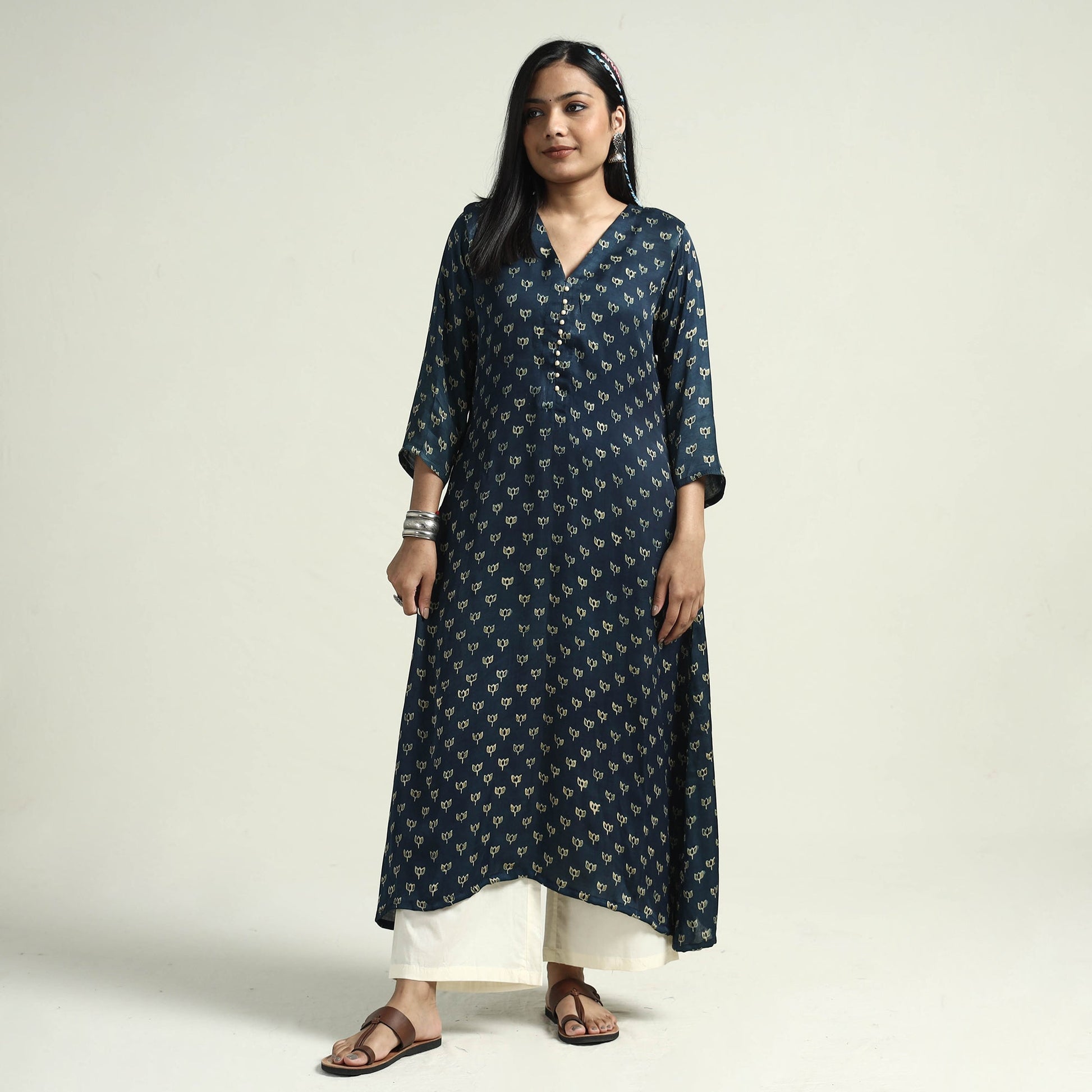 Blue - Ajrakh Block Printed Modal Silk Kurta with Palazzo Set