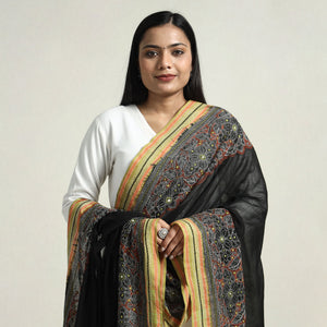 Black - Bolpur Kantha Embroidery Cotton Handloom Dupatta with Tassels