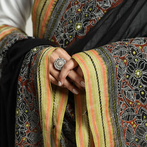 Black - Bolpur Kantha Embroidery Cotton Handloom Dupatta with Tassels
