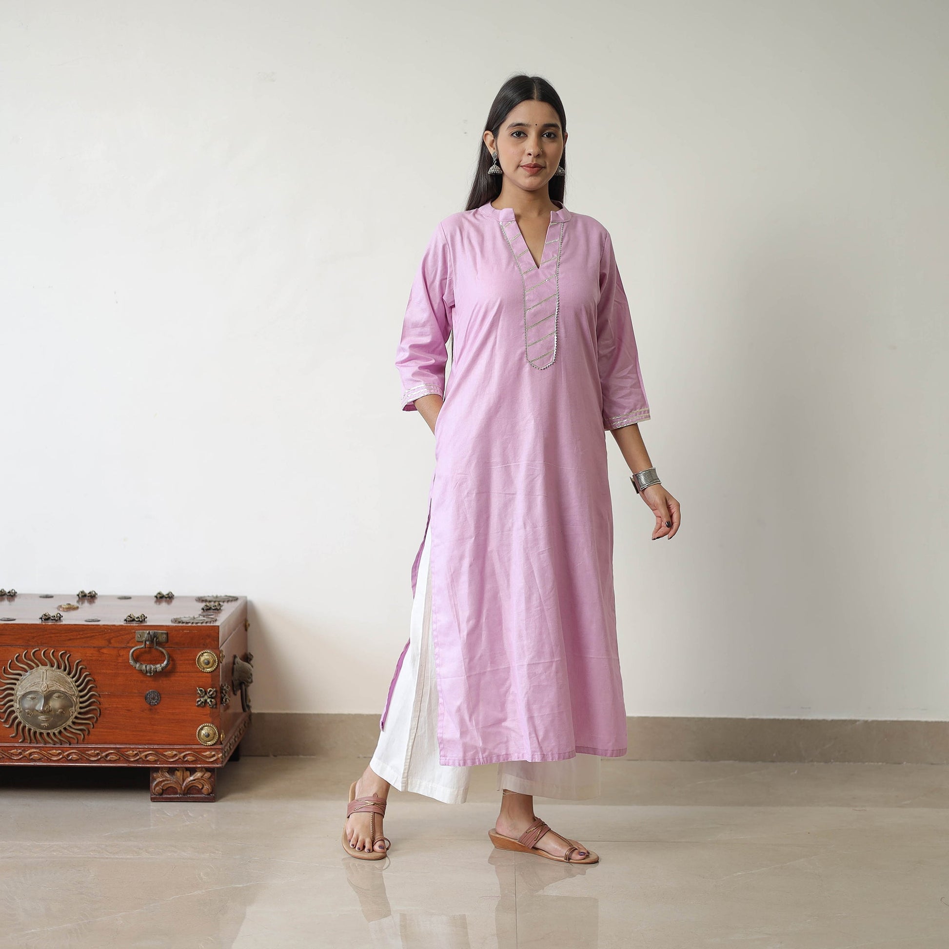Aaliya Purple Linen Cotton Plain Kurta with Gota Work