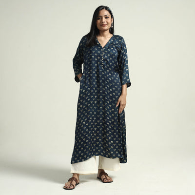 Blue - Ajrakh Block Printed Modal Silk Kurta with Palazzo Set
