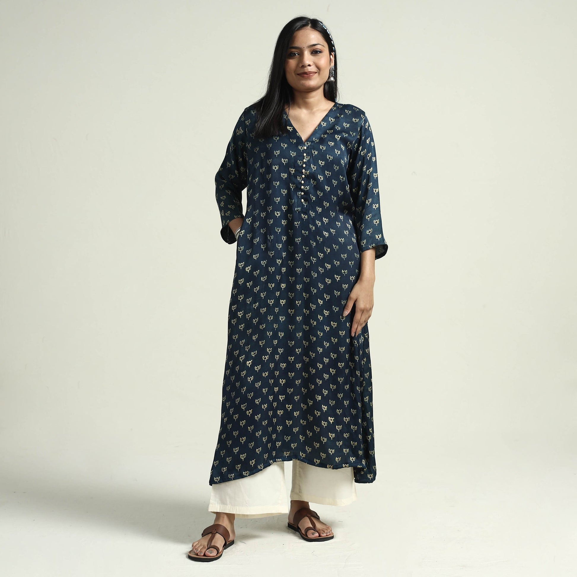 Blue - Ajrakh Block Printed Modal Silk Kurta with Palazzo Set