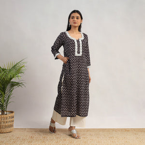 Black - Block Print Mul Cotton Straight Bagh Kurta 10