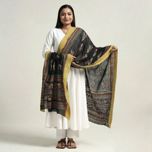 Black - Bolpur Kantha Embroidery Cotton Handloom Dupatta with Tassels