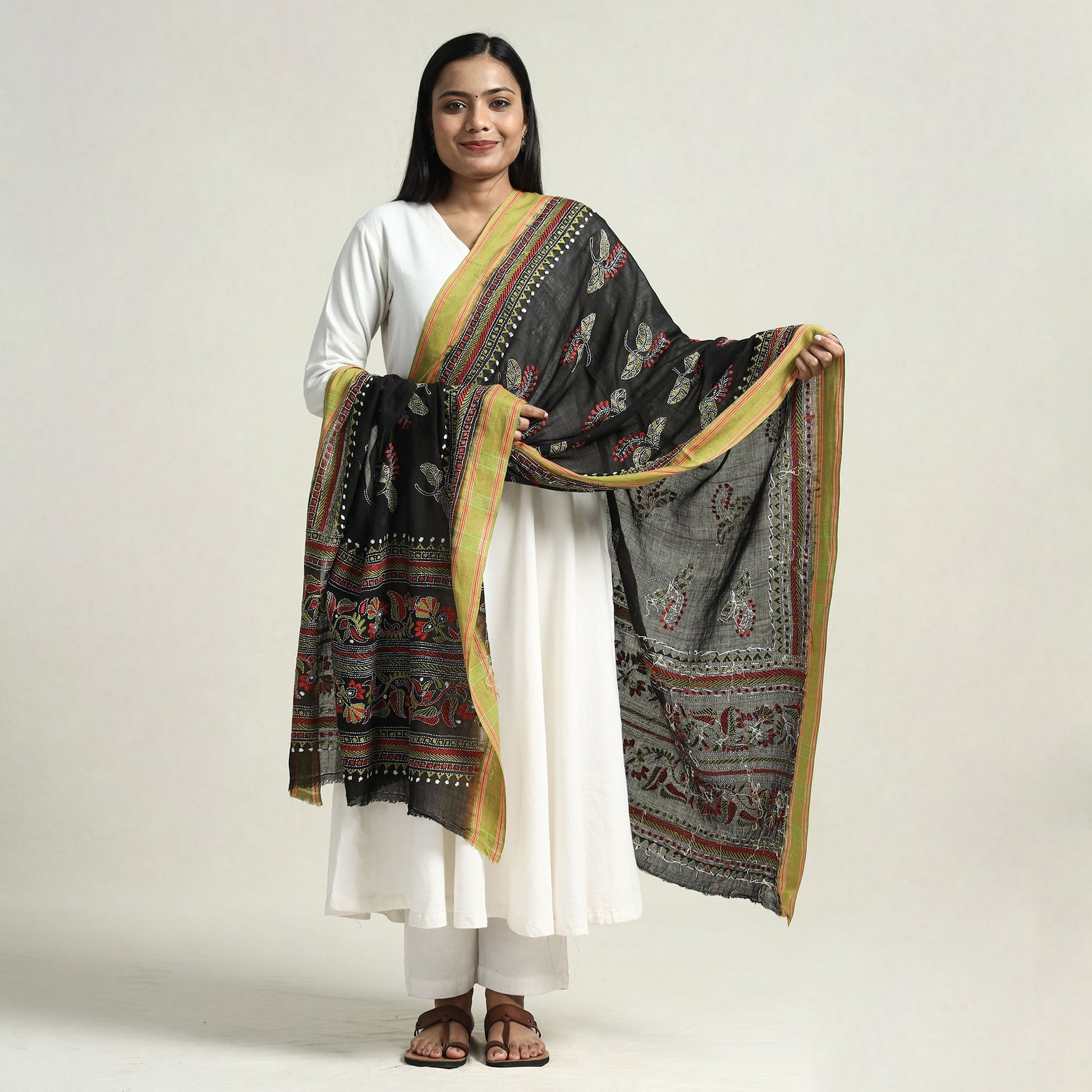 Black - Bolpur Kantha Embroidery Cotton Handloom Dupatta with Tassels