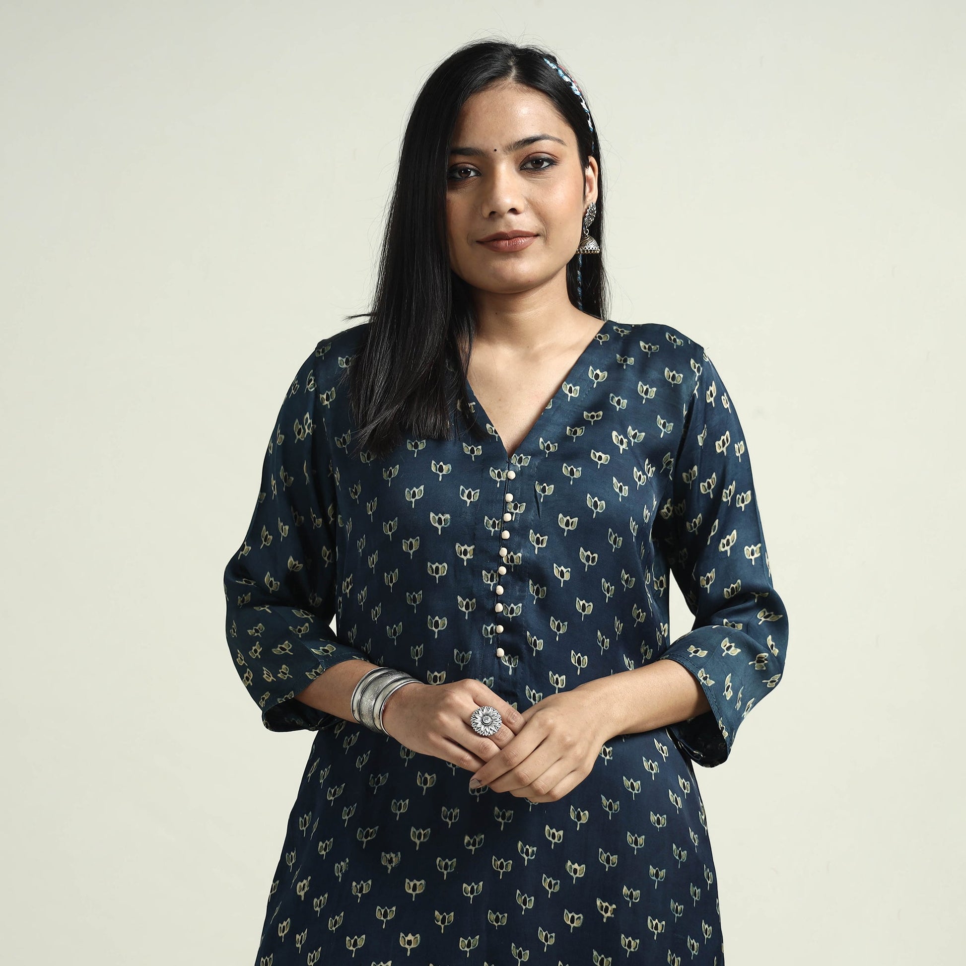 Blue - Ajrakh Block Printed Modal Silk Kurta with Palazzo Set