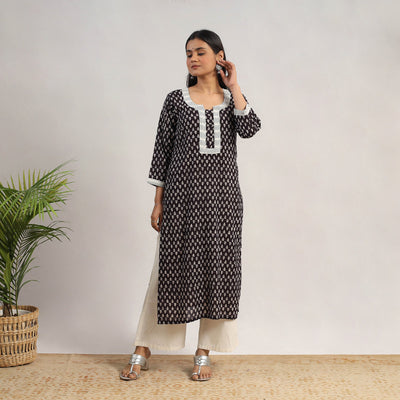 Black - Block Print Mul Cotton Straight Bagh Kurta 10