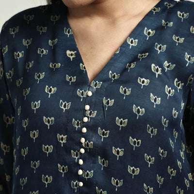 Blue - Ajrakh Block Printed Modal Silk Kurta with Palazzo Set