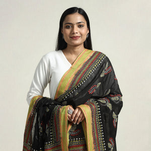 Black - Bolpur Kantha Embroidery Cotton Handloom Dupatta with Tassels