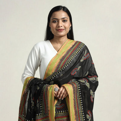 Black - Bolpur Kantha Embroidery Cotton Handloom Dupatta with Tassels