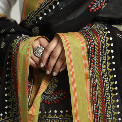 Black - Bolpur Kantha Embroidery Cotton Handloom Dupatta with Tassels