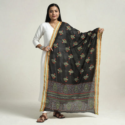 Black - Bolpur Kantha Embroidery Cotton Handloom Dupatta with Tassels