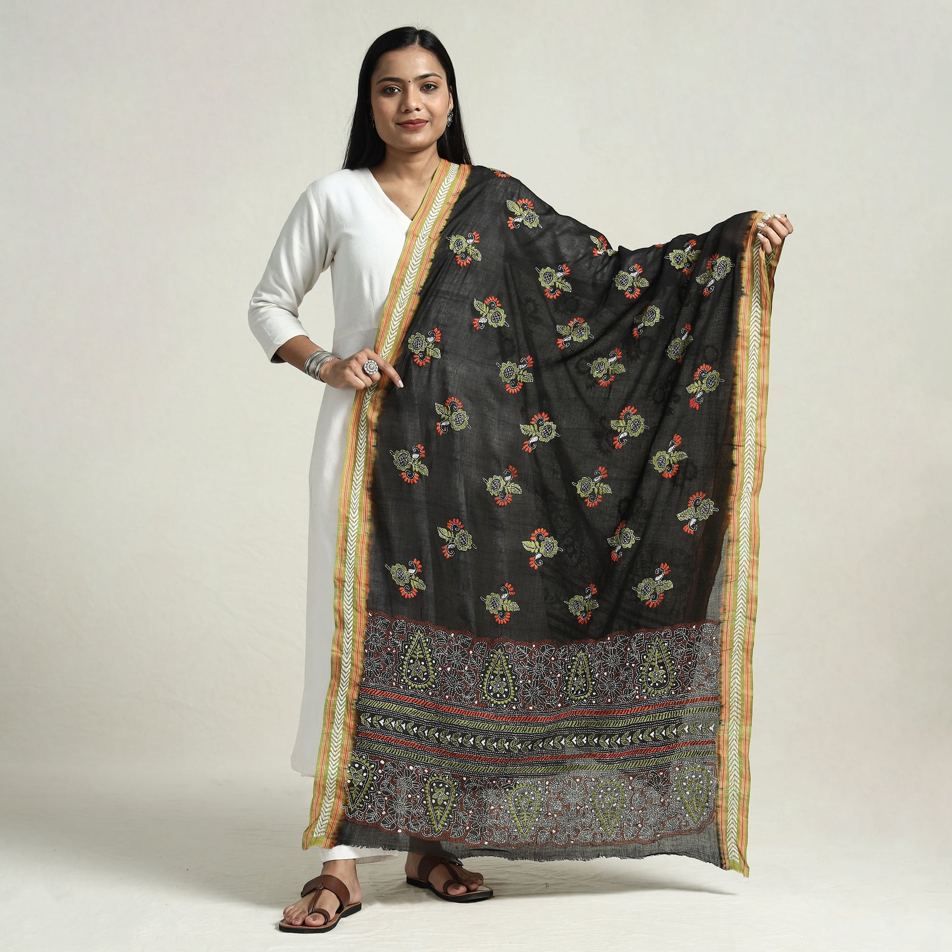 Black - Bolpur Kantha Embroidery Cotton Handloom Dupatta with Tassels