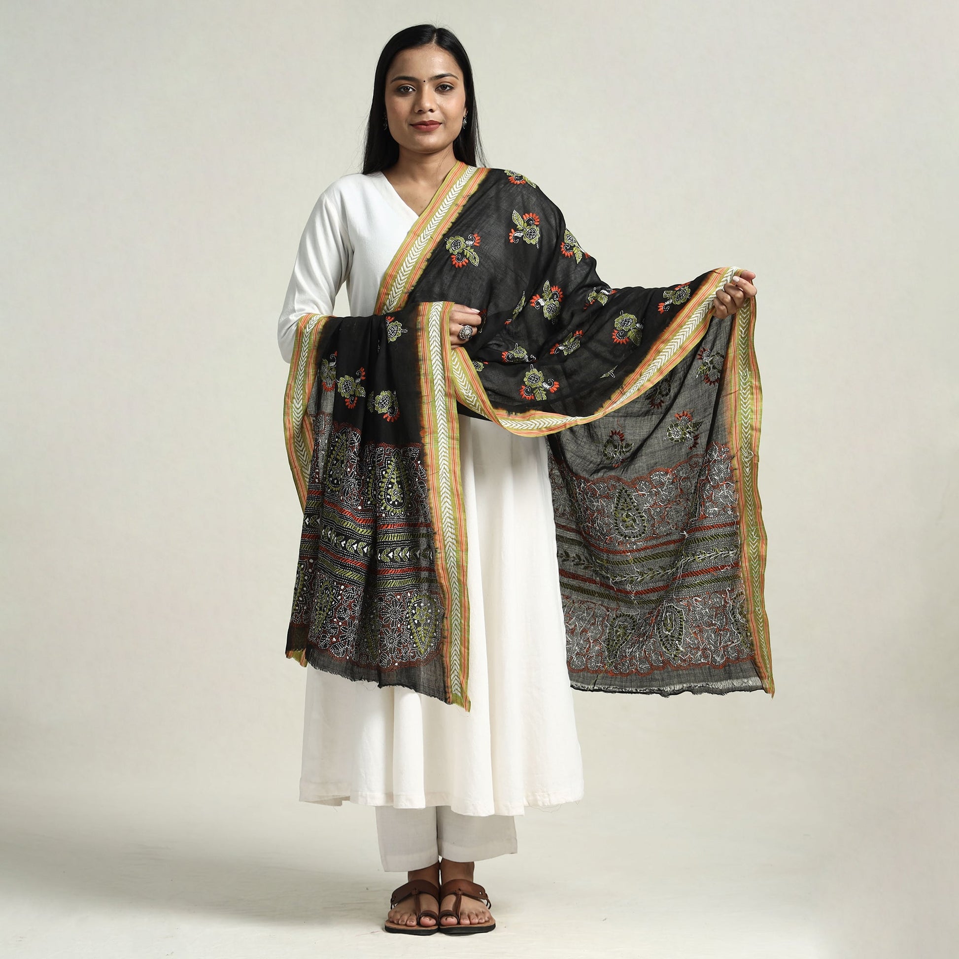 Black - Bolpur Kantha Embroidery Cotton Handloom Dupatta with Tassels