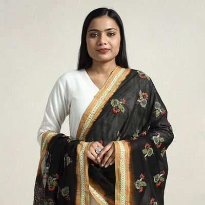 Black - Bolpur Kantha Embroidery Cotton Handloom Dupatta with Tassels