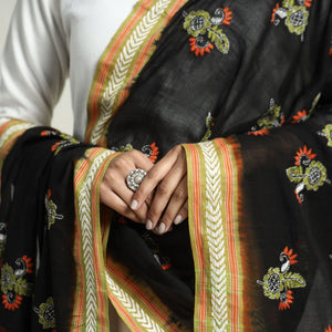 Black - Bolpur Kantha Embroidery Cotton Handloom Dupatta with Tassels