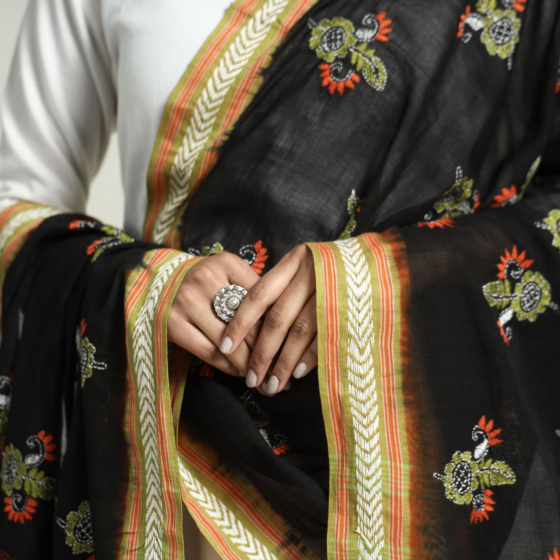Black - Bolpur Kantha Embroidery Cotton Handloom Dupatta with Tassels