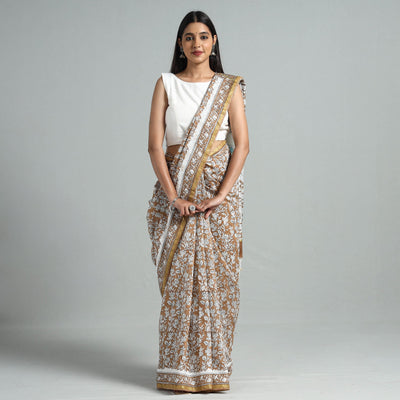 Brown - Block Printed Chanderi Silk Sanganeri Saree