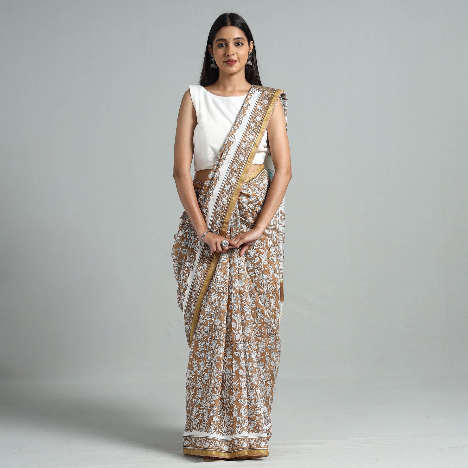 Brown - Block Printed Chanderi Silk Sanganeri Saree