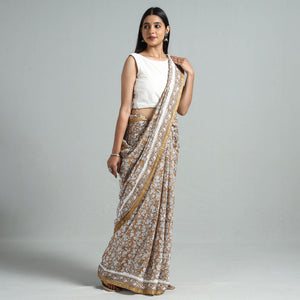 Brown - Block Printed Chanderi Silk Sanganeri Saree