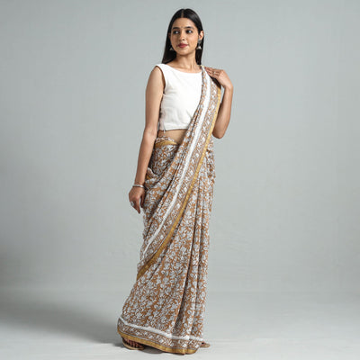 Brown - Block Printed Chanderi Silk Sanganeri Saree