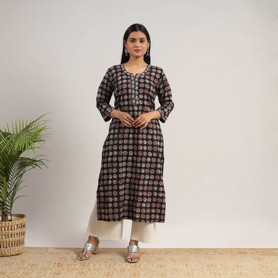 Black - Natural Dyed Cotton Straight Jahota Print Kurta 15