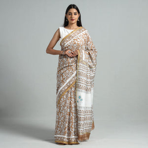 Brown - Block Printed Chanderi Silk Sanganeri Saree
