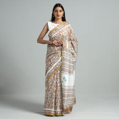 Brown - Block Printed Chanderi Silk Sanganeri Saree