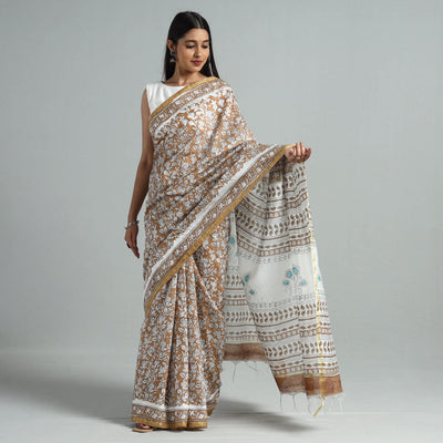 Brown - Block Printed Chanderi Silk Sanganeri Saree
