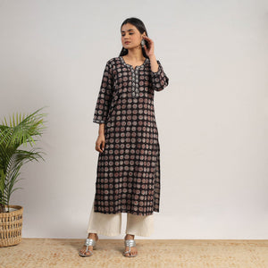 Black - Natural Dyed Cotton Straight Jahota Print Kurta 15