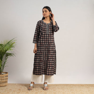 Black - Natural Dyed Cotton Straight Jahota Print Kurta 15