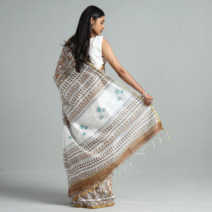 Brown - Block Printed Chanderi Silk Sanganeri Saree