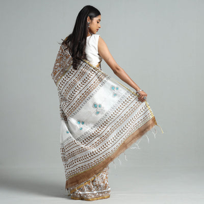 Brown - Block Printed Chanderi Silk Sanganeri Saree