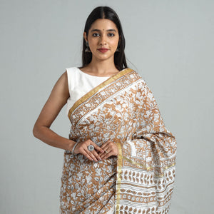 Brown - Block Printed Chanderi Silk Sanganeri Saree