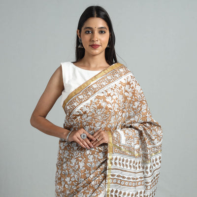 Brown - Block Printed Chanderi Silk Sanganeri Saree