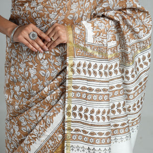 Brown - Block Printed Chanderi Silk Sanganeri Saree