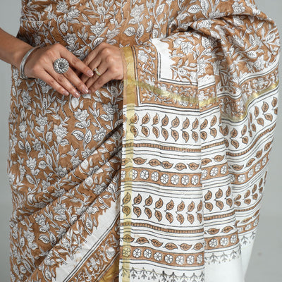 Brown - Block Printed Chanderi Silk Sanganeri Saree