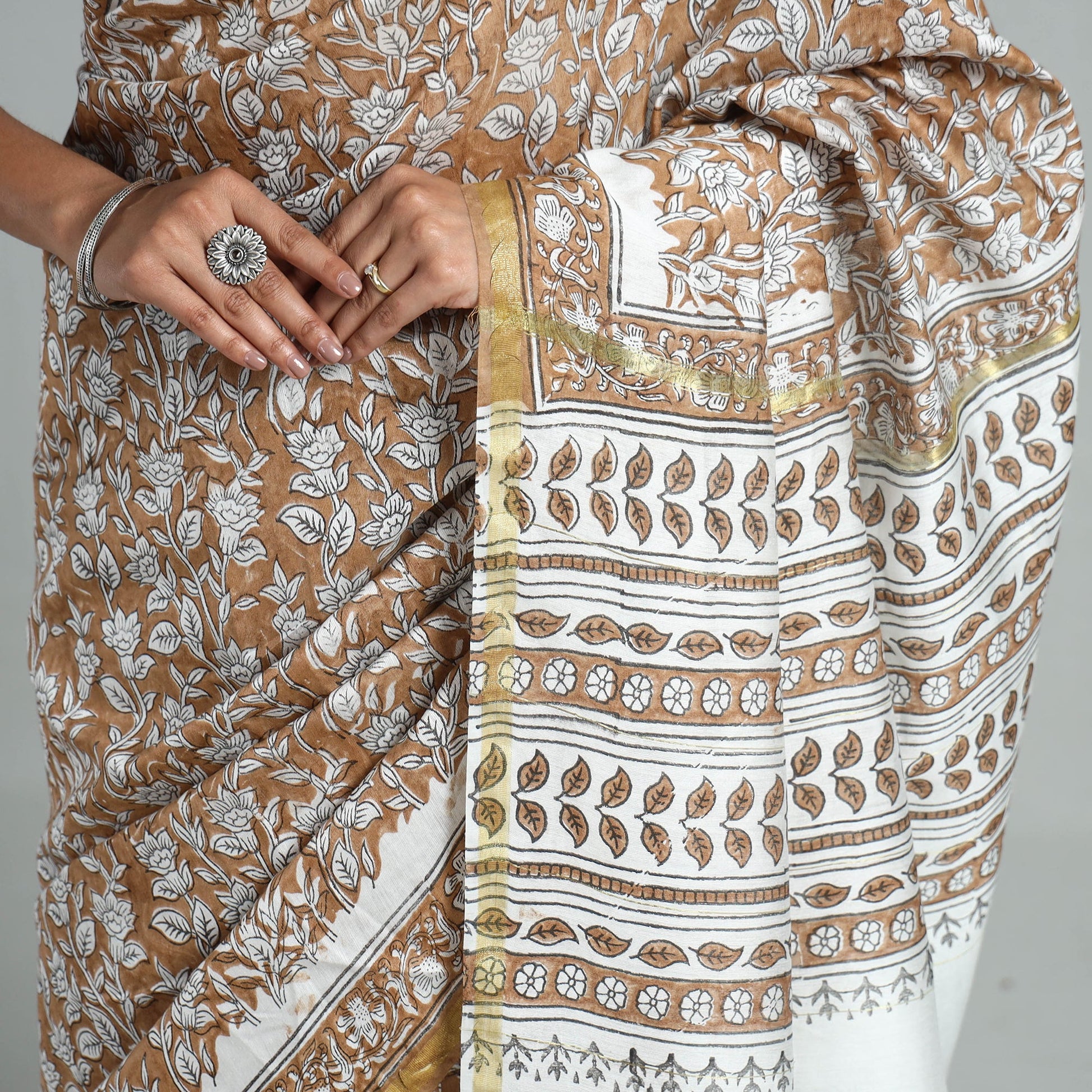Brown - Block Printed Chanderi Silk Sanganeri Saree