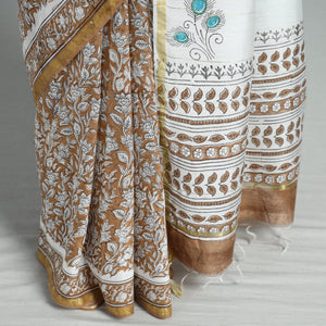 Brown - Block Printed Chanderi Silk Sanganeri Saree