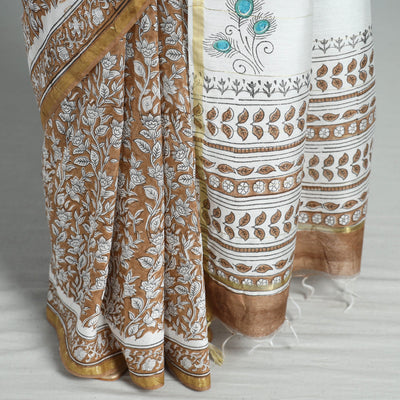 Brown - Block Printed Chanderi Silk Sanganeri Saree