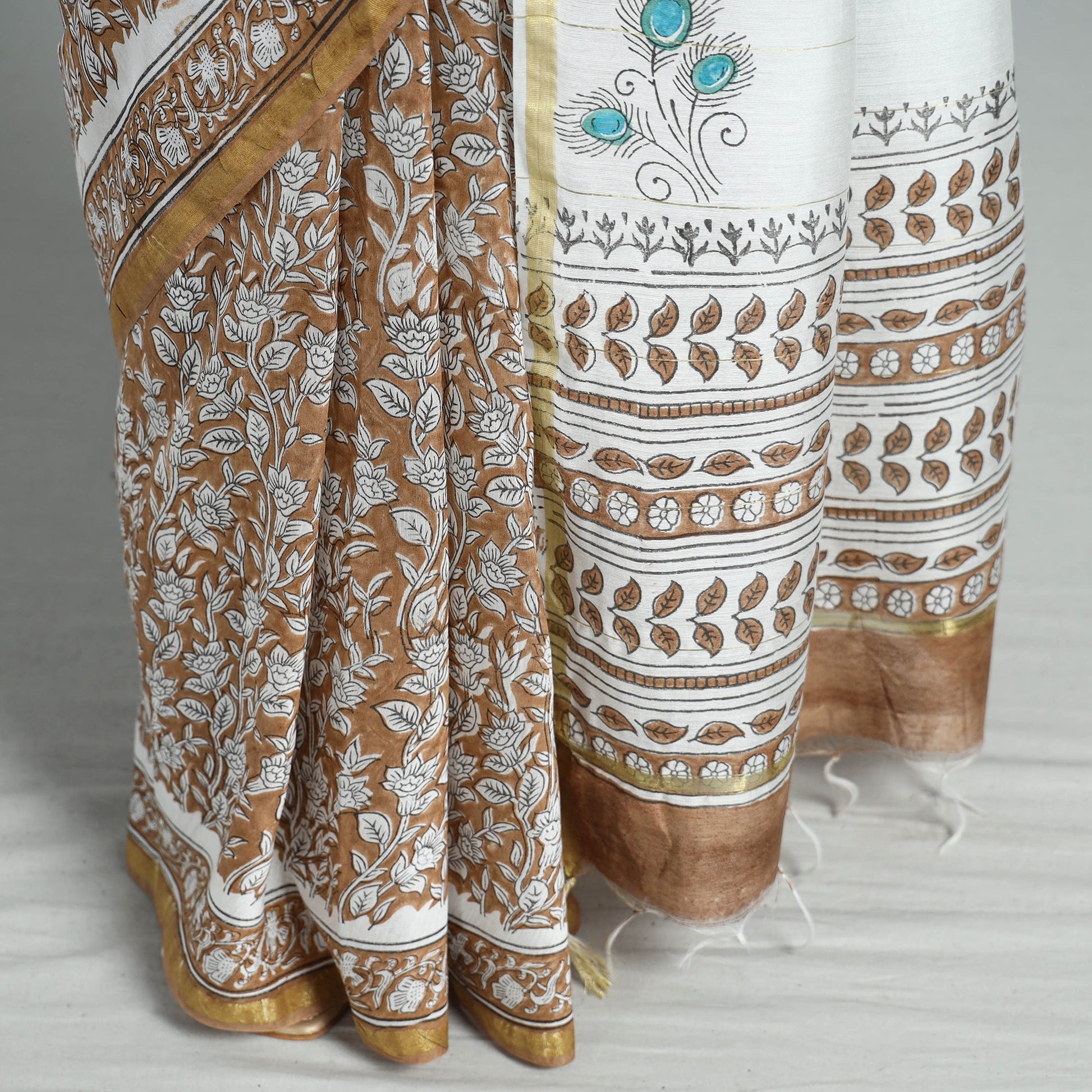 Brown - Block Printed Chanderi Silk Sanganeri Saree