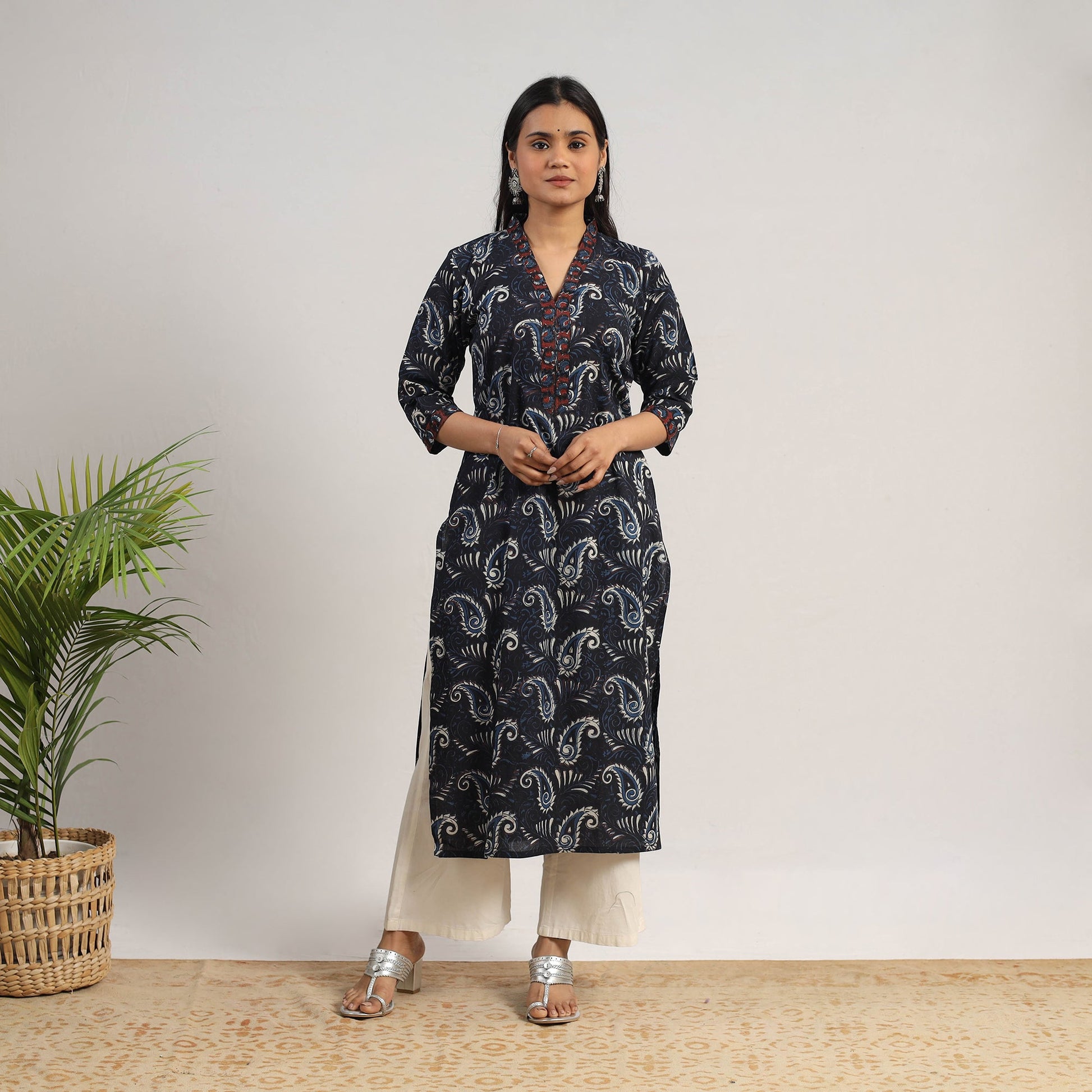 Black - Natural Dyed Cotton Straight Jahota Print Kurta 07