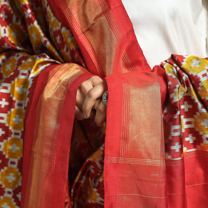 Brown - Handwoven Pochampally Ikat Pure Mulberry Silk Dupatta with Tassels