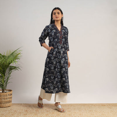 Black - Natural Dyed Cotton Straight Jahota Print Kurta 07