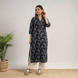 Black - Natural Dyed Cotton Straight Jahota Print Kurta 07